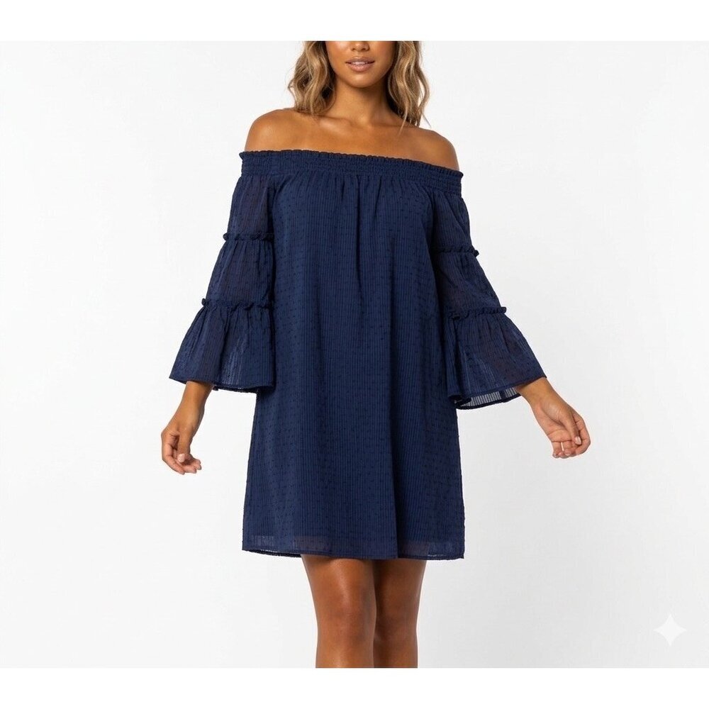 NEW Umgee Swiss Dot Blue Off The Shoulder Tunic Dress Tiered Bell Sleeve MEDIUM